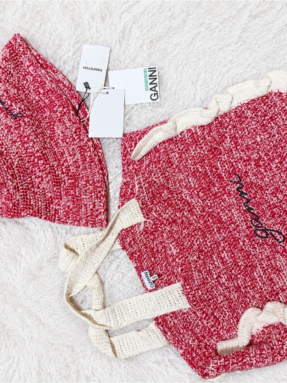 Ganni Red & White Marled Knit Tote with Matching Bucket Hat